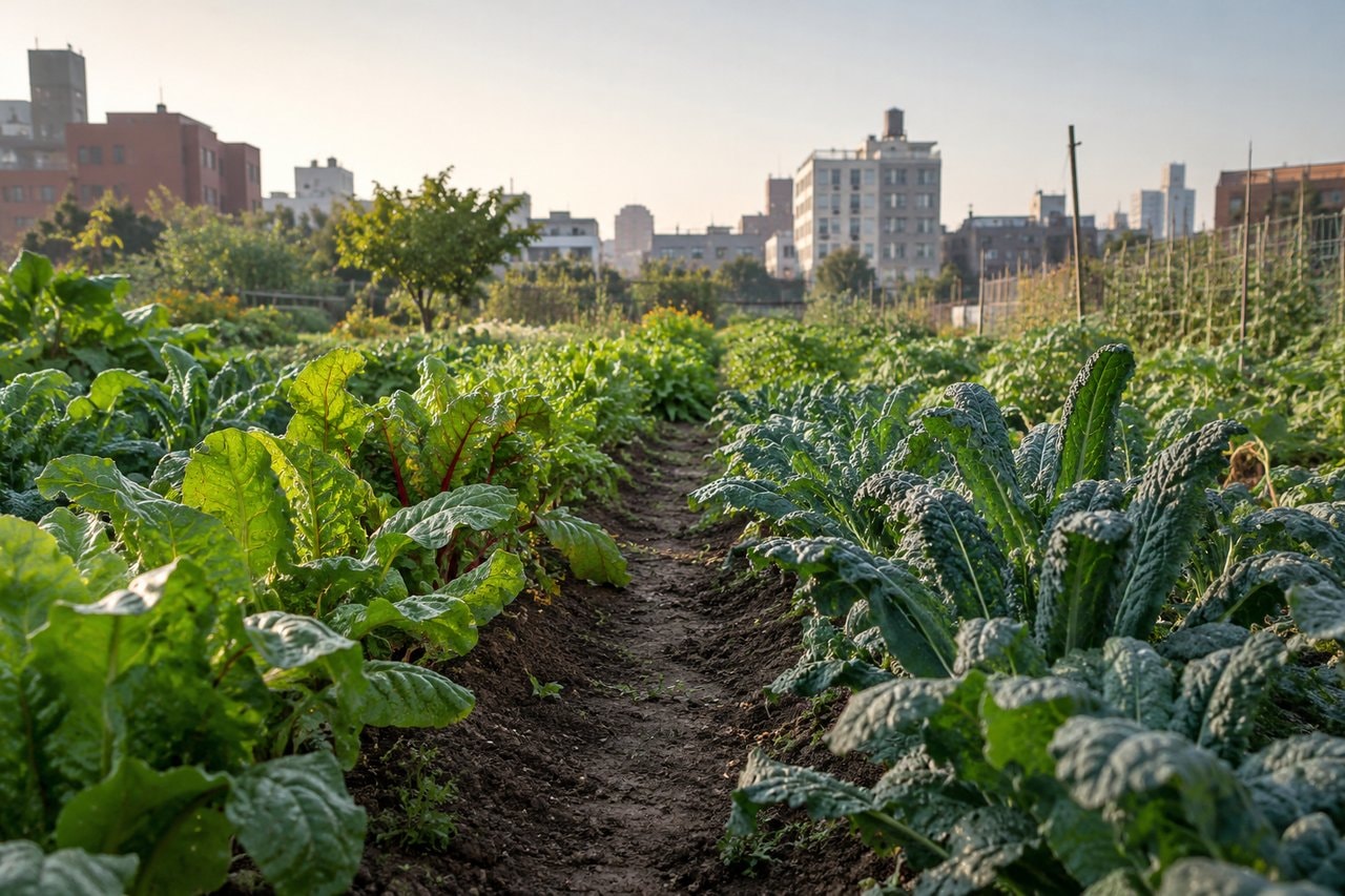 Rows of vegetable plants on city land with plain buildings in the distance