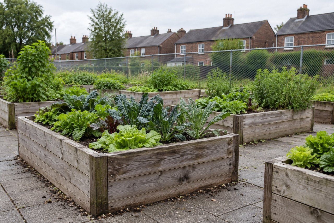 Wooden vegetable beds on paving with a chain-link fence and brick row houses beyond